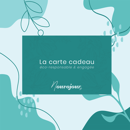 Offrez la carte cadeau Nouvojour, valable 1 an sur plus de 2 500 produits bio, naturels, durables et Made in France. Montant de 10 à 300 €.